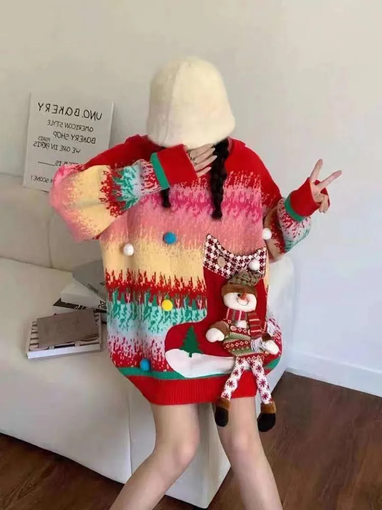 

2023 New Year Christmas Doll Knitted Rainbow Long Sweater Women Pullovers Hooded Oversize Thick Warm Loose Coat Tops Female