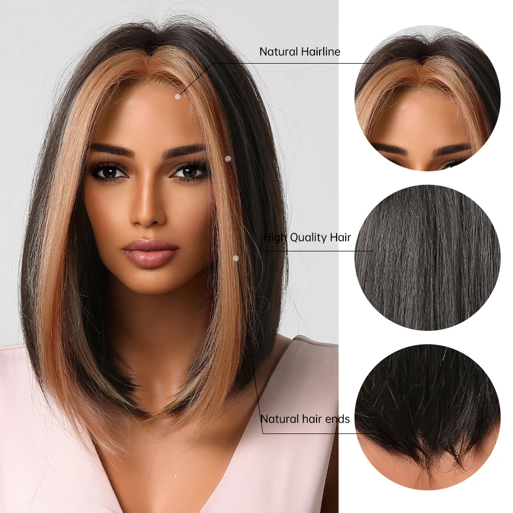 Black Dark Brown Synthetic Bob Wig Shoulder Length Golden Highlight Wigs for Women Afro Middle Part Wig Heat Resistant Fake Hair
