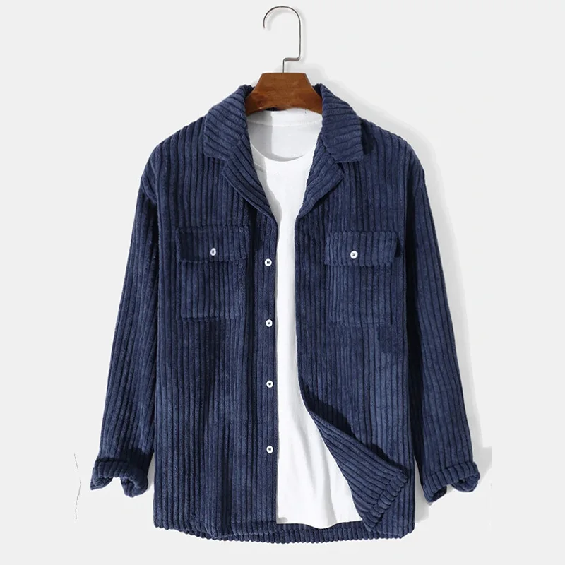 

Men's Casual Loose Solid Corduroy Striped Long Sleeve Shirt