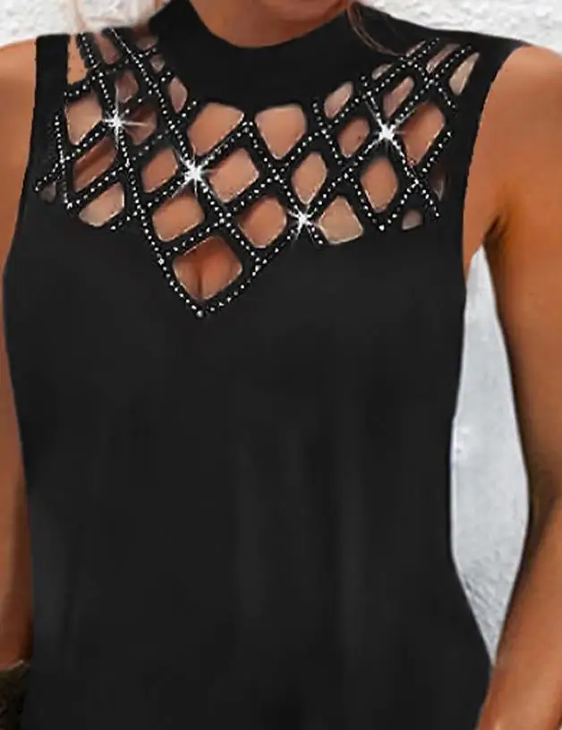 

2023 Straight Mini Hollow Water Diamond Decorative Sleeveless Casual Dress New Hot Sale for Women's Wear