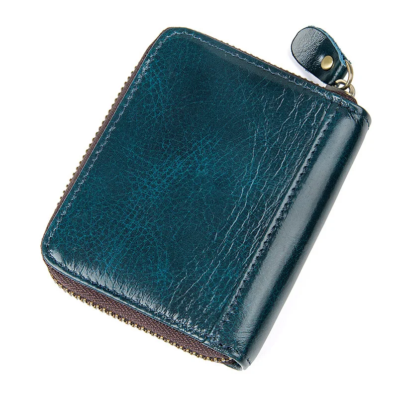 Fashion Women and Men Zipper Credit Card Holder Oil Wax Genuine Leather RFID Cards Zip Pouch Key Coin Small Change Card Bag