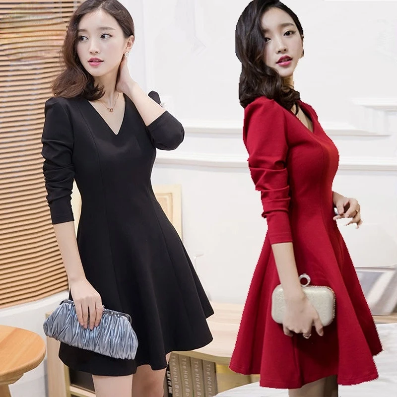 

Spring and Autumn New Women's V-neck Slim and Thickened Long Style Peng Skirt Long Sleeve Large Size Dress Sexy dress