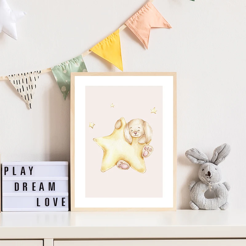 Милый мультяшный медведь кролик на Луне звезды фотопечать холсте Настенная