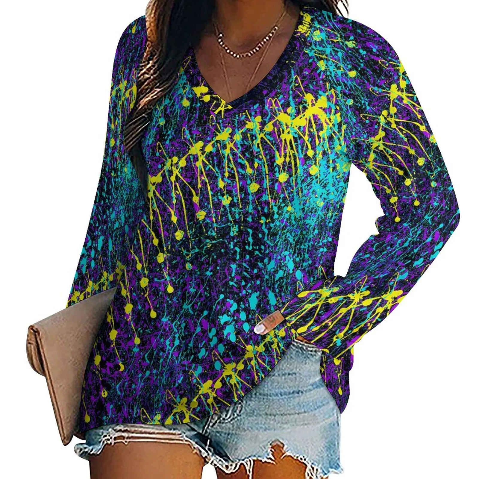 

Футболка женская оверсайз с рисунком брызг, милая рубашка с длинным рукавом и абстрактным принтом, свободная с V-образным вырезом, одежда с графическим принтом