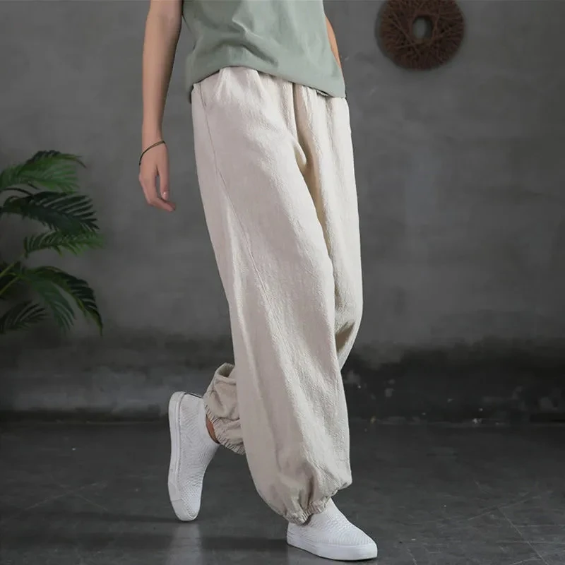 

Spring Summer Cotton Linen Casual Pants Womens Retro Solid Color Pocket Harajuku Pants Lady Vintage Ankle Length Harem Trousers