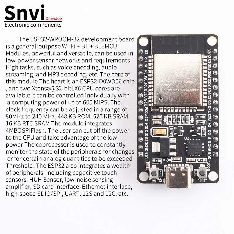Фото Плата разработки Snvi ESP32 CP2102 TYPE-C/MICRO USB WiFi+Bluetooth со сверхнизким энергопотреблением, двухъядерный ESP-32S ESP32-WROOM №4