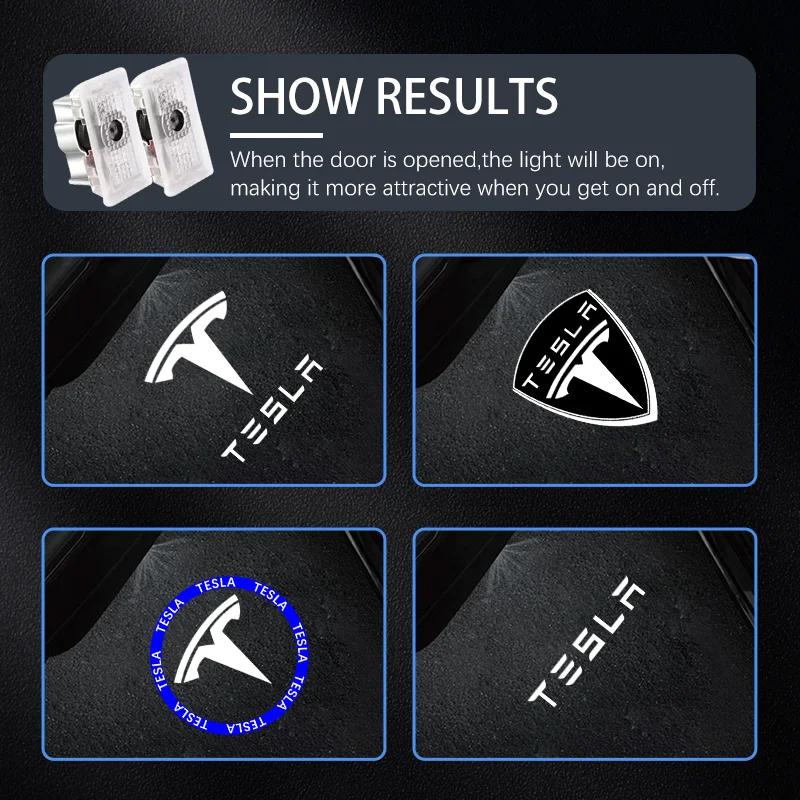 Фото Светодиодный проектор-подсветка для дверей автомобиля Tesla Model 3, Model Y, Model S, Model X, HD LED лампа с иконкой, атмосферная подсветка №2