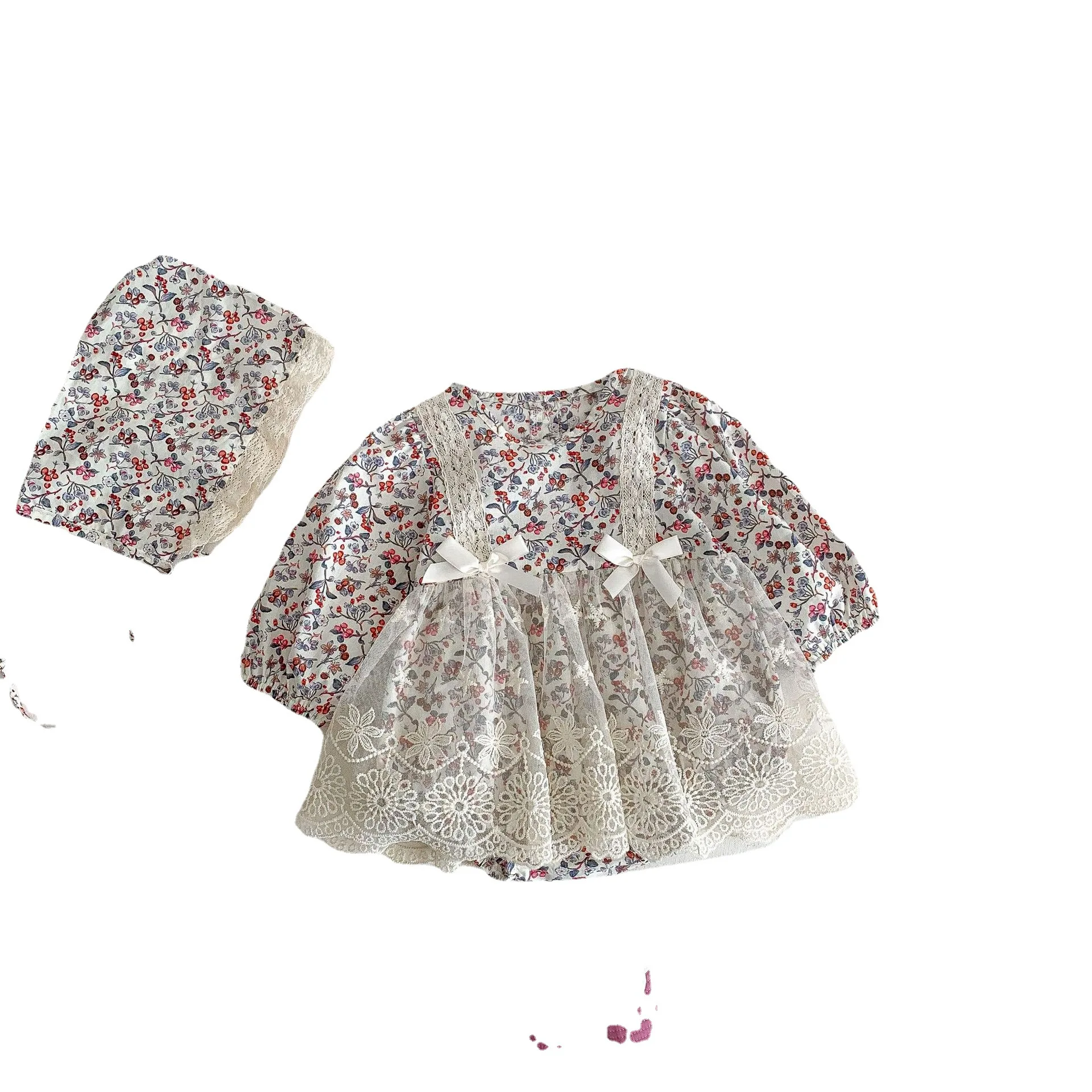 2022 Autumn New Baby Girl Long Sleeve Floral Bodysuit + Hat Fashion Flower Print Cotton Princess Clothes Casual Girl Jumpsuit