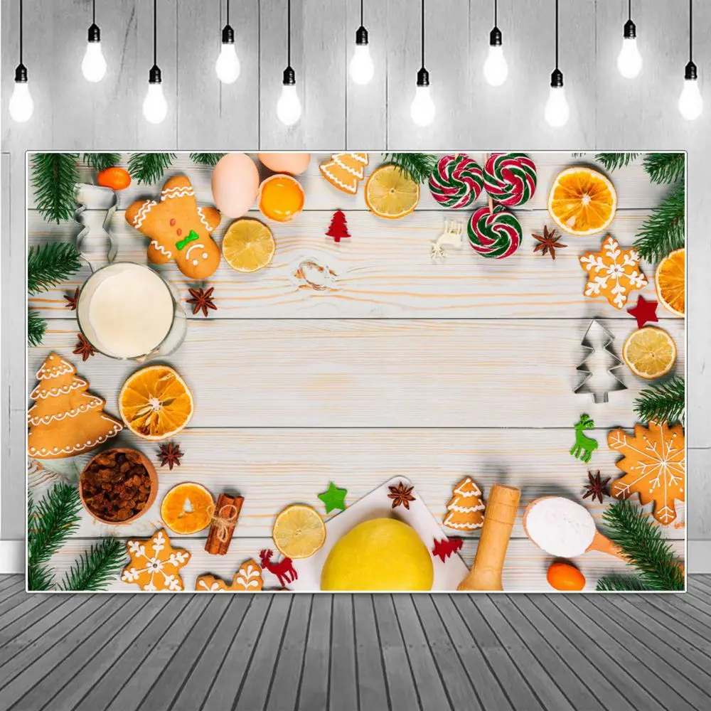 Фон для фотосъемки с изображением рождественского печенья лимона сосны листьев деревянной доски