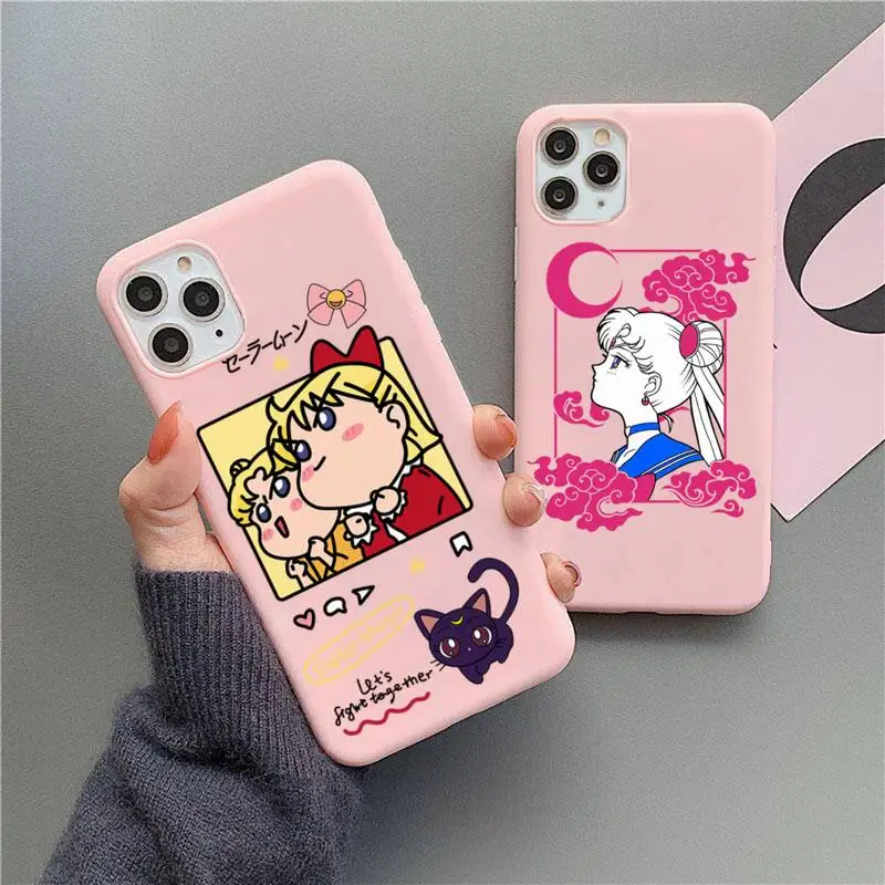 

Anime Sailor Moon Phone Case For iphone 13 12 11 Pro Max Mini XS 8 7 6 6S Plus X SE 2020 XR Matte Candy Pink Silicone cover