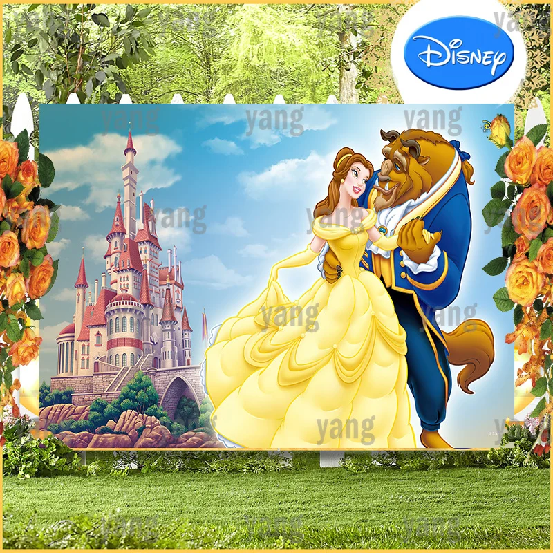 Disney Beauty and The Beast Backdrop Belle Princess Birthday Party Luxury Castle Background Baby Shower Prop Decoration Banner