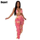 Пляжный сексуальный комплект из двух предметов, женская летняя одежда, сетчатый Бикини Топ с оборками, комплект с длинными штанами, комплект для купания, комплект из 2 предметов, Клубные наряды