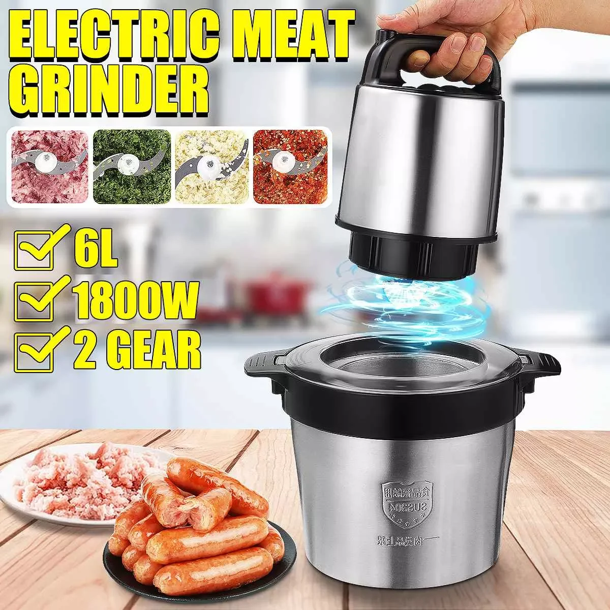 

6L Meat Grinders Stainless Steel Mincer Chopper 2Speed 4Blades Auto Food Mixer blender Kitchen Cooking Machine