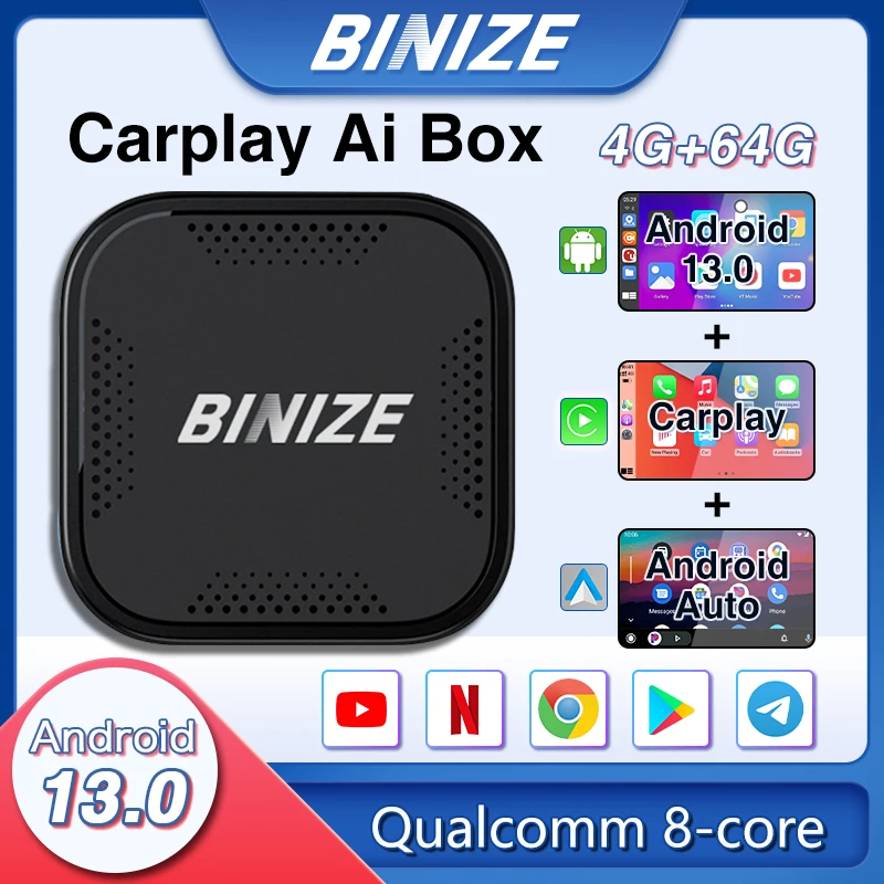 Binize CarPlay AI Box Wireless и Android Auto для YouTube Netflix 13.0 2 4 + 5G GPS FOTA Обновление 4G LTE