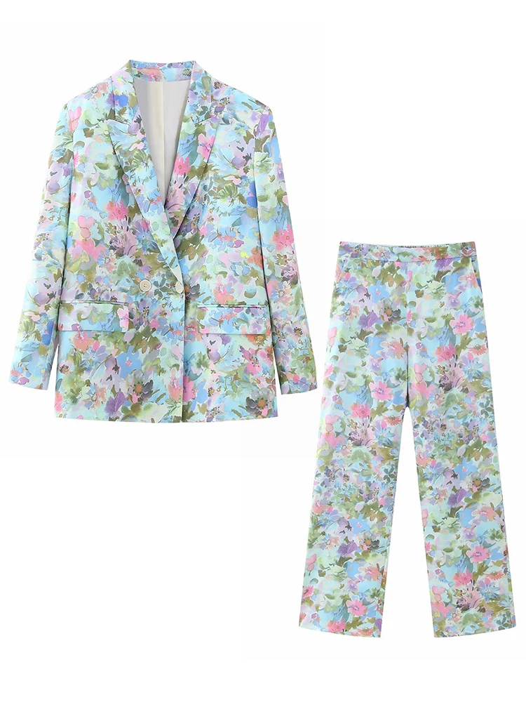 

Floral Print Blazer Women Suits Long Sleeve Straight Blazers For Women 2 pc Sets Loose High Waist Female Straight Pants 2023
