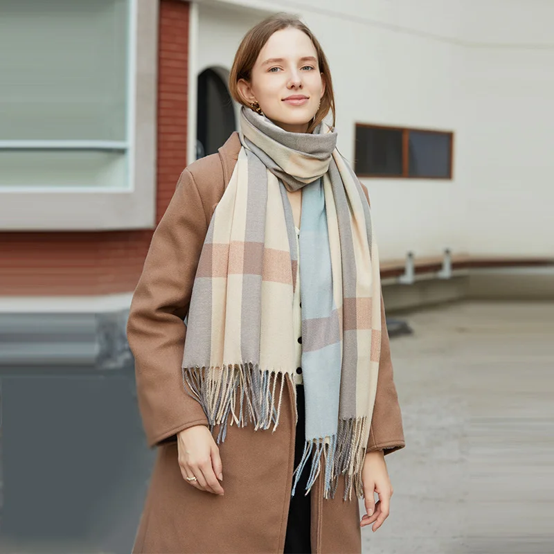 

Женский шарф, толстые клетчатые зимние теплые шарфы с кисточками, Дамское модное одеяло из пашмины, шали и палантины для осени и девушки