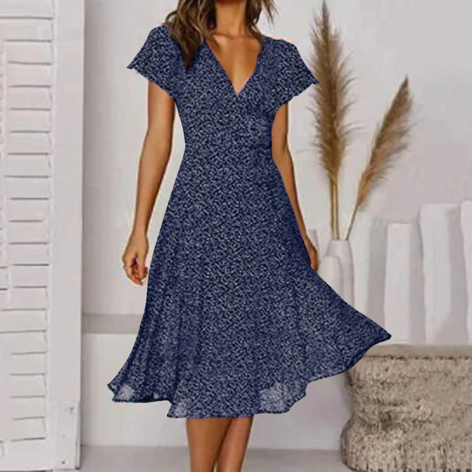 

Summer Dress Women's Short Sleeved V Neck Sexy Floral Polka Dot Printed Dress Robe vestidos para mujer