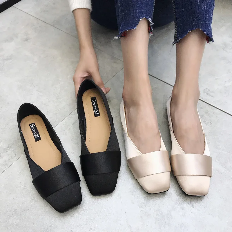

Elegant Shallow Moccasins Femme Solid Cozy Soft Soled Ballet Flats Square Toe Slip on Loafers All-match Silk Casual Shoes Women