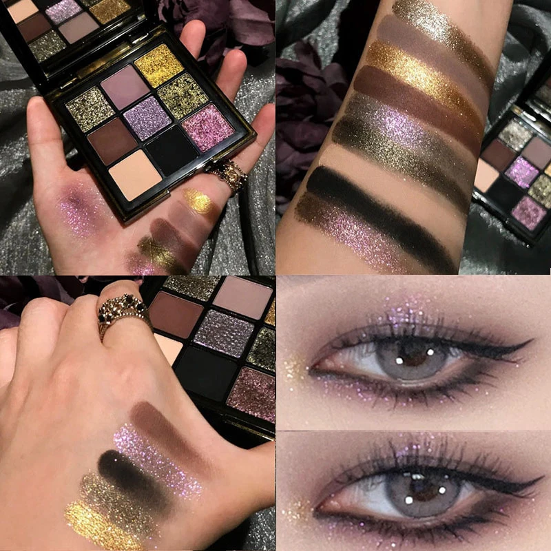 

Новинка, 9 цветов, серая палитра Smokey, матовые блестящие тени для век, палитра черных, фиолетовых, золотых, блестящих пигментов для глаз, палит...