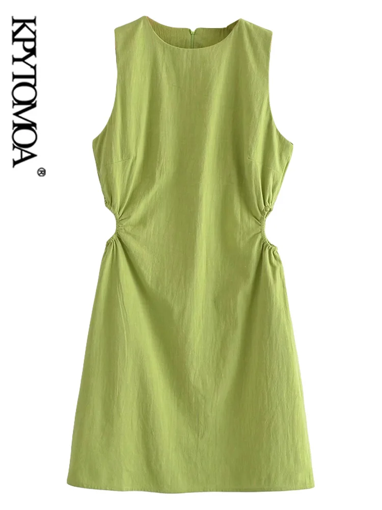 KPYTOMOA-Vestido corto de lino con agujeros para Mujer, minivestido Vintage sin mangas con cremallera trasera, color verde