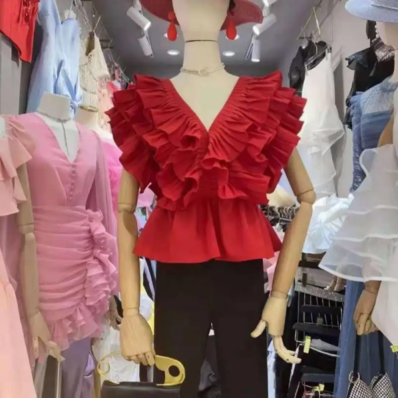 Женская Облегающая рубашка с V-образным вырезом красная плиссированная блузка