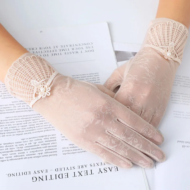 

Women Sunscreen Glove Summer Ice Silk Riding Tram Driving Breathable Thin Nonslip Full Finger Touch Screen Pearl Lace Mitten K86