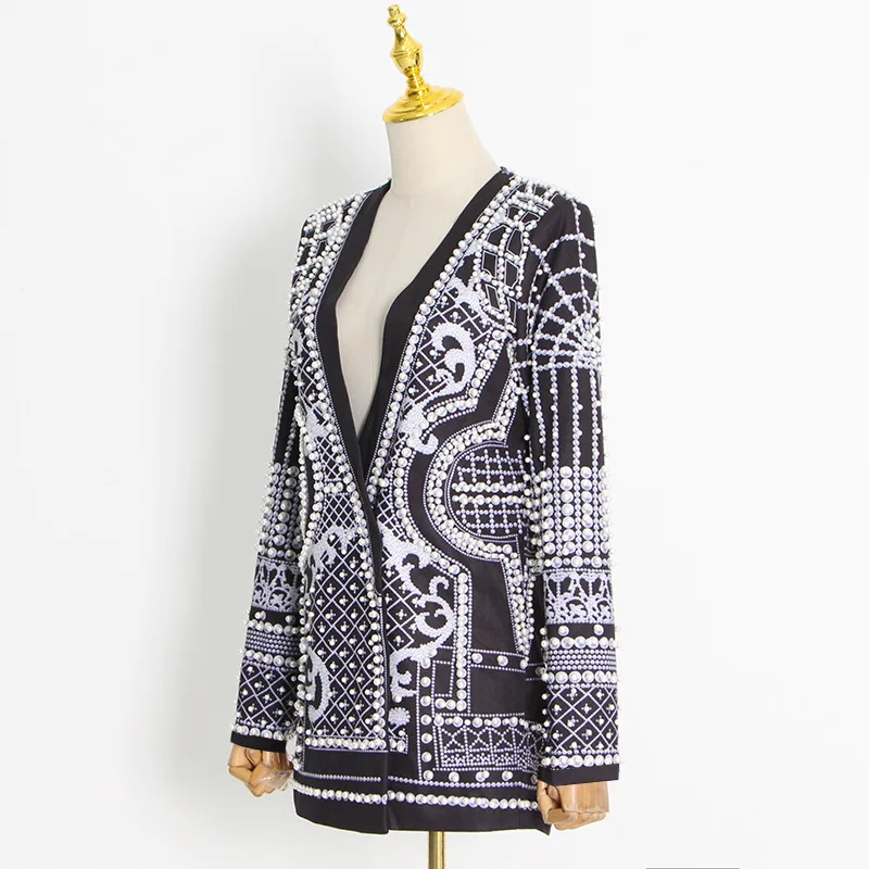 French Retro Blazer Women 2023 Autumn New Fashion V-neck Long Sleeve Thick Long Jacket Bubble Bead Printing Coats