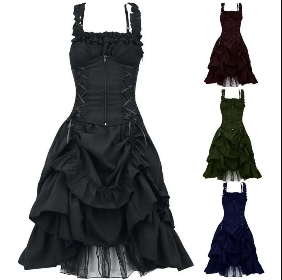 

Gothic Dress Plus size Medieval Corset Waist Lace Up Pleated Skirts Strapy Steampunk Retro Lolita Palace Court Princess Dress