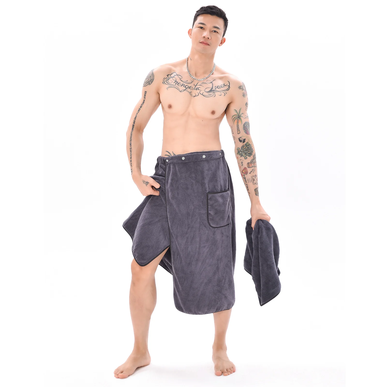 Men's Soft Bathrobe Wearable Bath Towel With Pocket Comfy Sports Gym Swimming Beach Blanket Shower Skirt Bath Set 2 PCS