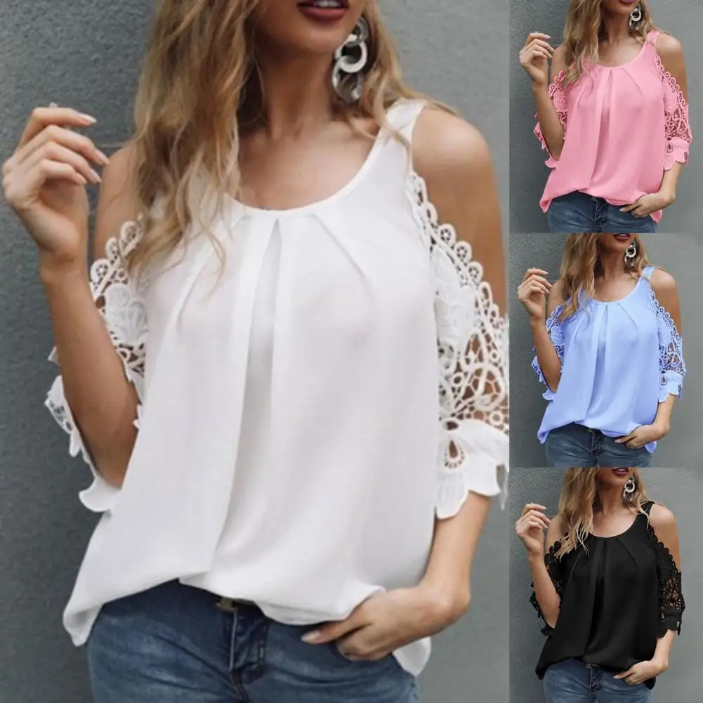 

Summer Ladies Shirts Off Shoulder Hollow Lace Sleeves Femme Blouse Loose Pure Color Sexy Women Casual Shirt Streetwear