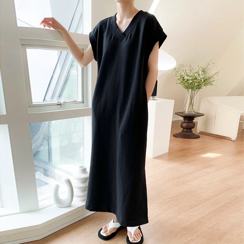 

SuperAen 2022 Summer New Loose Knitted Cotton Sweatshirt Long Straight Solid All Match V-neck Short Sleeve Dress for Women