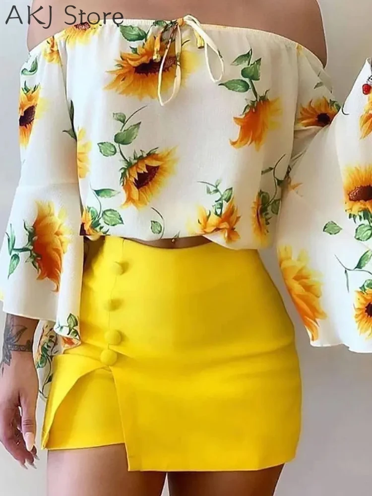 

2 Piece Sets Women Print Off Shoulder Top and Skirt Set Female Outfits