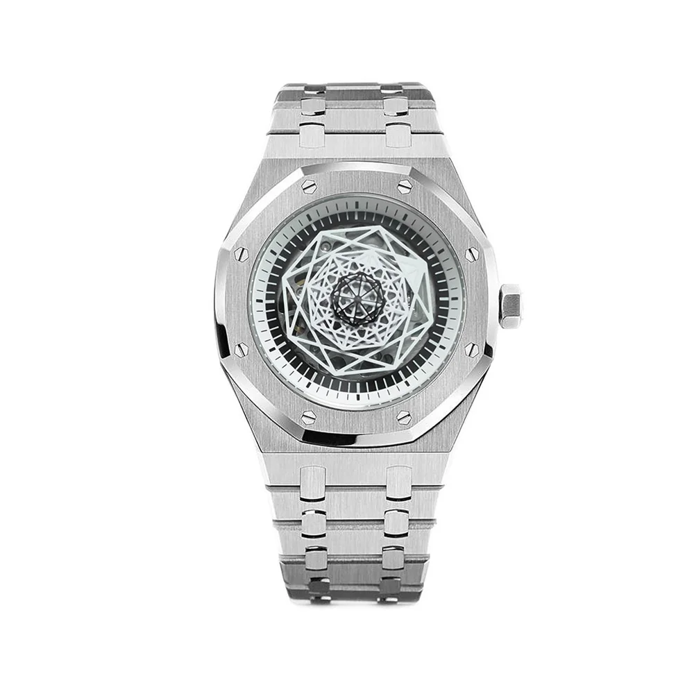 

41mm Stainless Steel Men Mechanical Watch Case Hollow Out Turntable Watch Black White Inner Ring NH70 Movement Automatic Watch