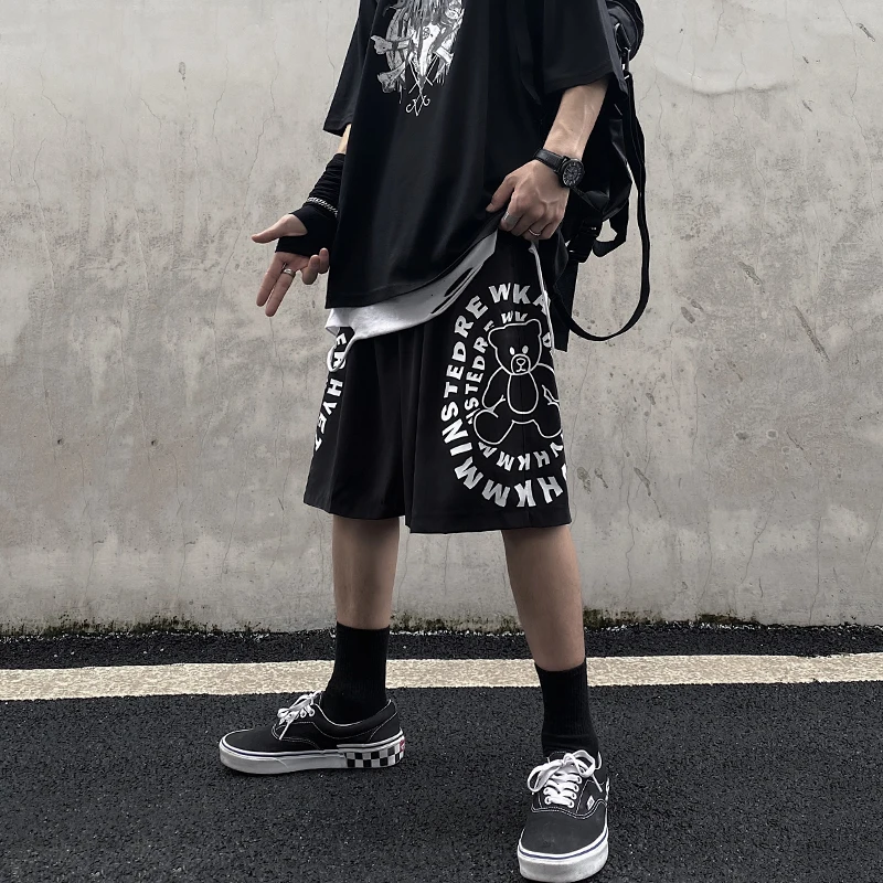 

Summer Loose Elastic Waist Men Hip Hop Shorts Harajaku Print Sweat Pants Highstreet Fashion Mens Drawstring Punk Dance Shorts