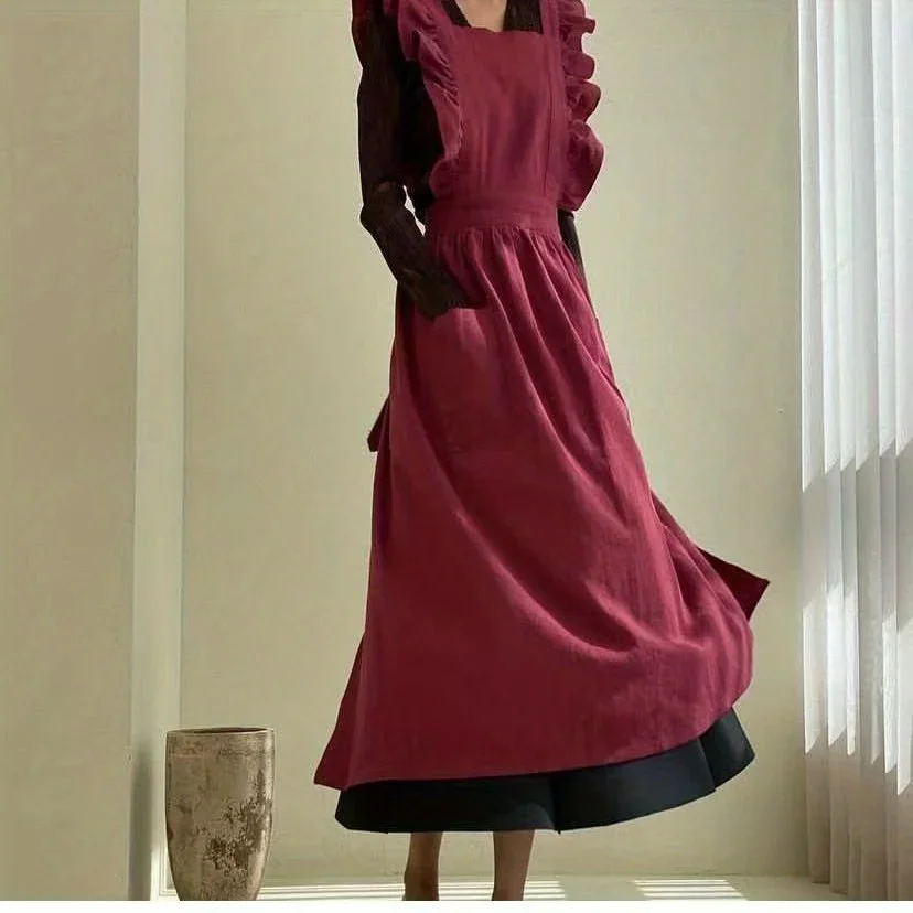 Бытовой кружевной хлопковый фартук из конопли в форме лотоса. Стильный льняной с