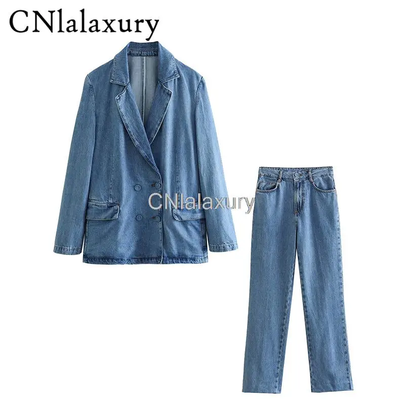 

CNlalaxury 2023 New Fashion Women Cowboy Double-breasted Blazer Coat Jeans Pants Suit Simple Casual Commute Set Female Chic
