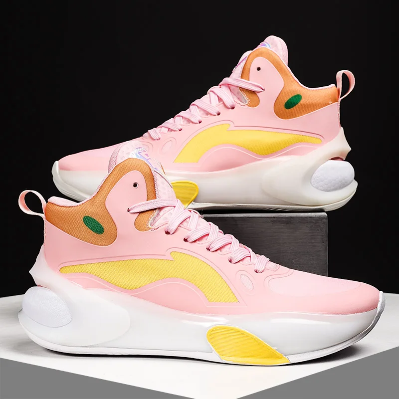 Pink High-top Basketball Sneakers Women Professional Cushioning Trainers For Men
