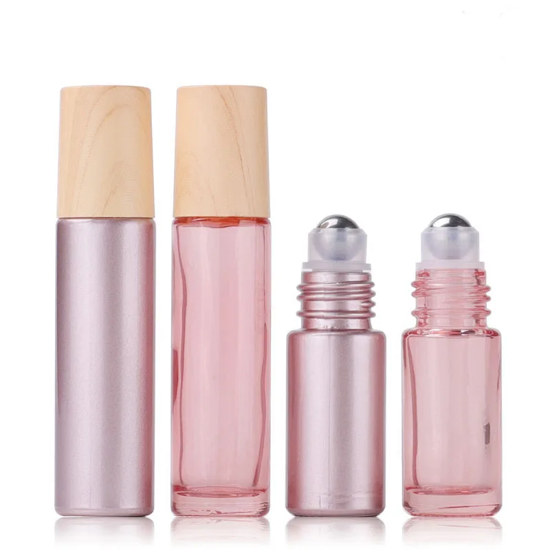 12X 24X 5ML 10ML Wood Grain Cover Thick Rose Gold Pink Glass Essential Oil Roller Bottle Metal Roller Ball For Perfume