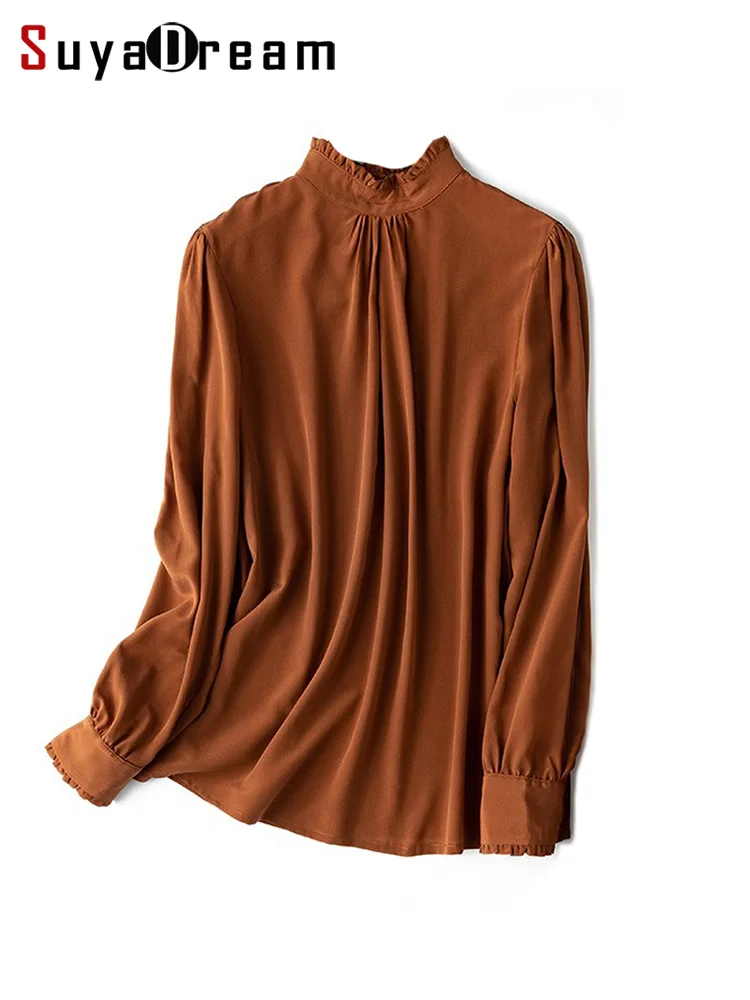 

SuyaDream Woman Silk Blouses 100%Real Silk Ruffles Stand collar Long Sleeved Red Blouse Shirt 2022 Spring Summer Shirts