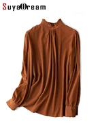 suyadream woman silk blouses 100real silk ruffles stand collar long sleeved red blouse shirt 2022 spring summer shirts