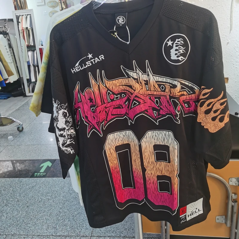

Rebel Real Photo Hellstar T-shirt Flame Alphanumeric Print Mesh Stitching Men Women Short Sleeve T Shirt Sport Ball Uniform New