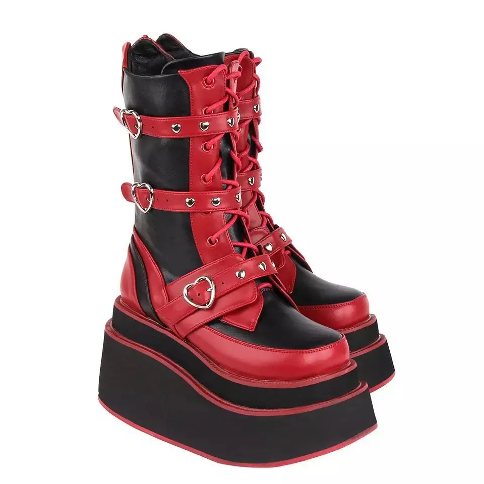 

Plus Size 43 Autumn Women Boots Buckle Round Toe Wedges Platform Boots Punk Goth INS Women Street Shoes Combat Boots for Women