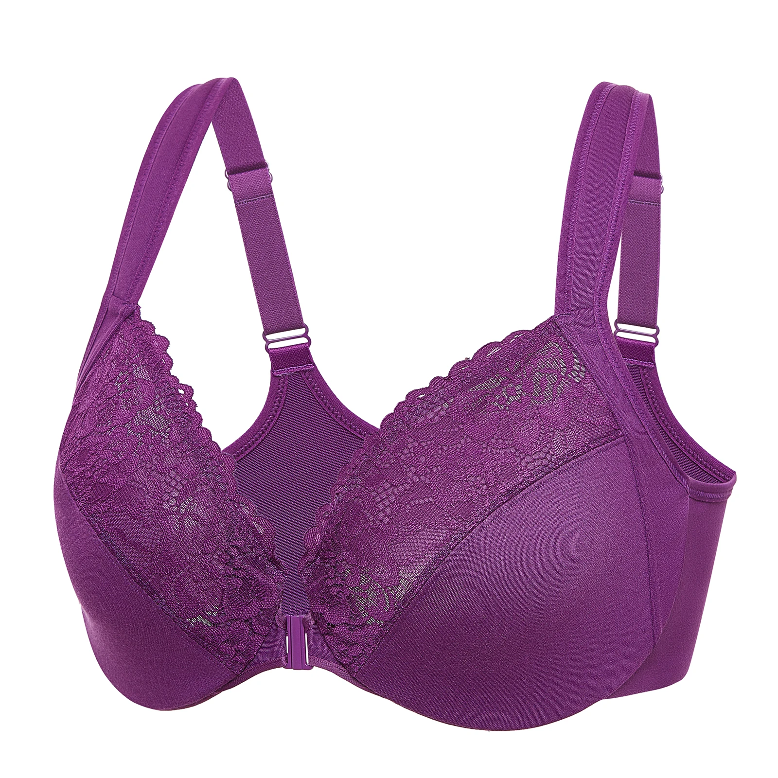 

Women's Plus Size Front Closure Bras Lace Full Coverage Underwire Unlined Plunge Bra B C D DD E F