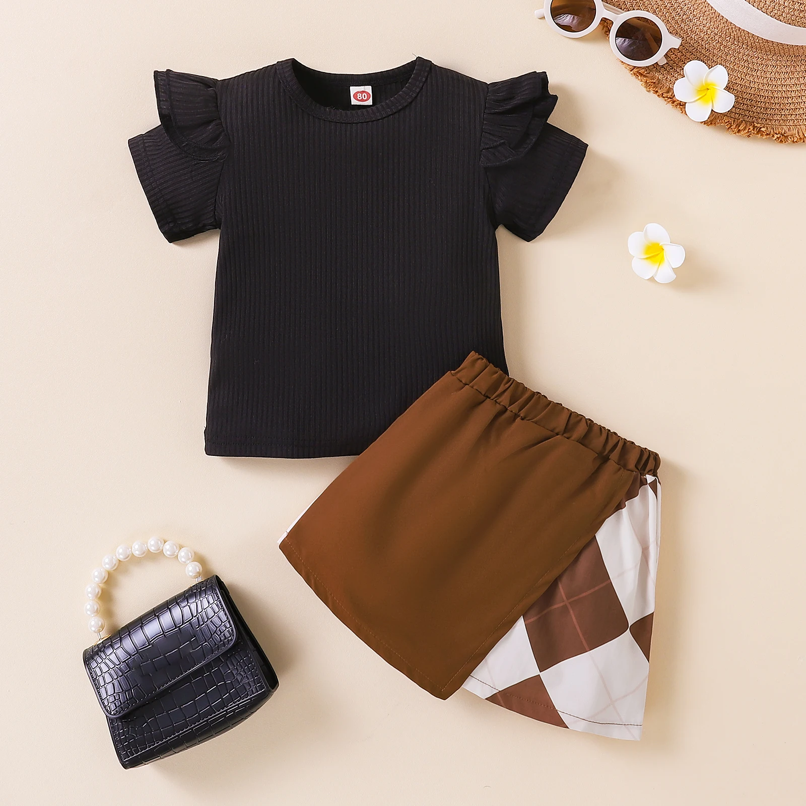 

Toddler Girl Outfits Set Solid Color Ribbed Short Sleeve T-shirt with Contrast Color Plaid Pattern Patchwork Irregular Skirt