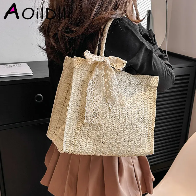 

Женская плетеная сумка ручной работы с бантом, Вместительная женская сумка-тоут для отпуска, пляжная сумка через плечо, сумка для покупок