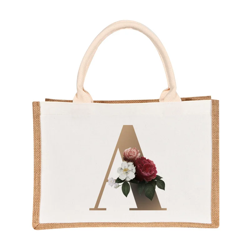 

Gold Letters Women Tote Shopping Bag Reuseable Burlap with Sturdy Handle Women Casual Large Capacity Travel Jute Handbag Bags