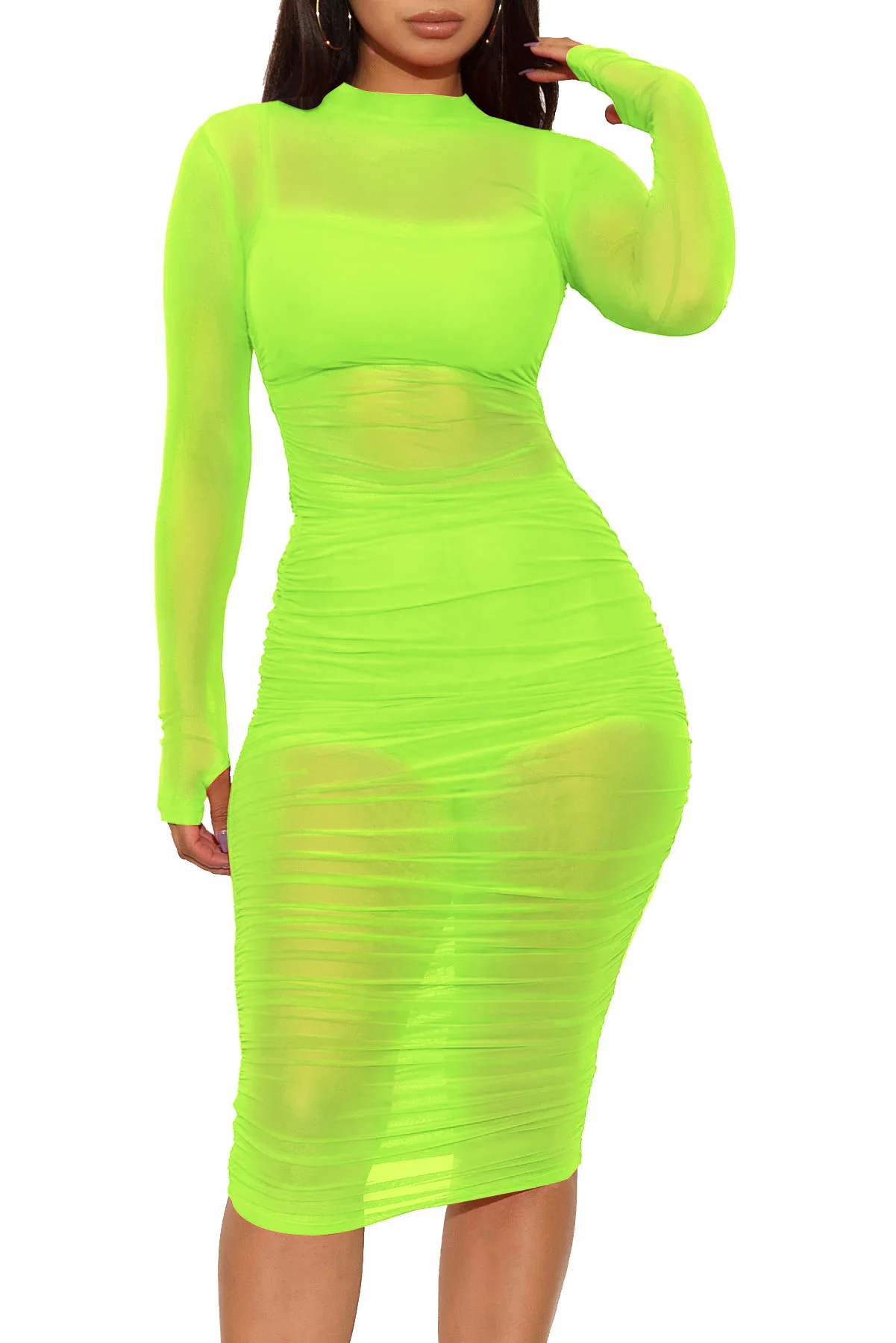

Sexy Transparent 3 Piece Set Women Turtleneck Long Sleeve Ruched Mesh Dress + Straped Crop Top + Bodycon Shorts Club Outfits
