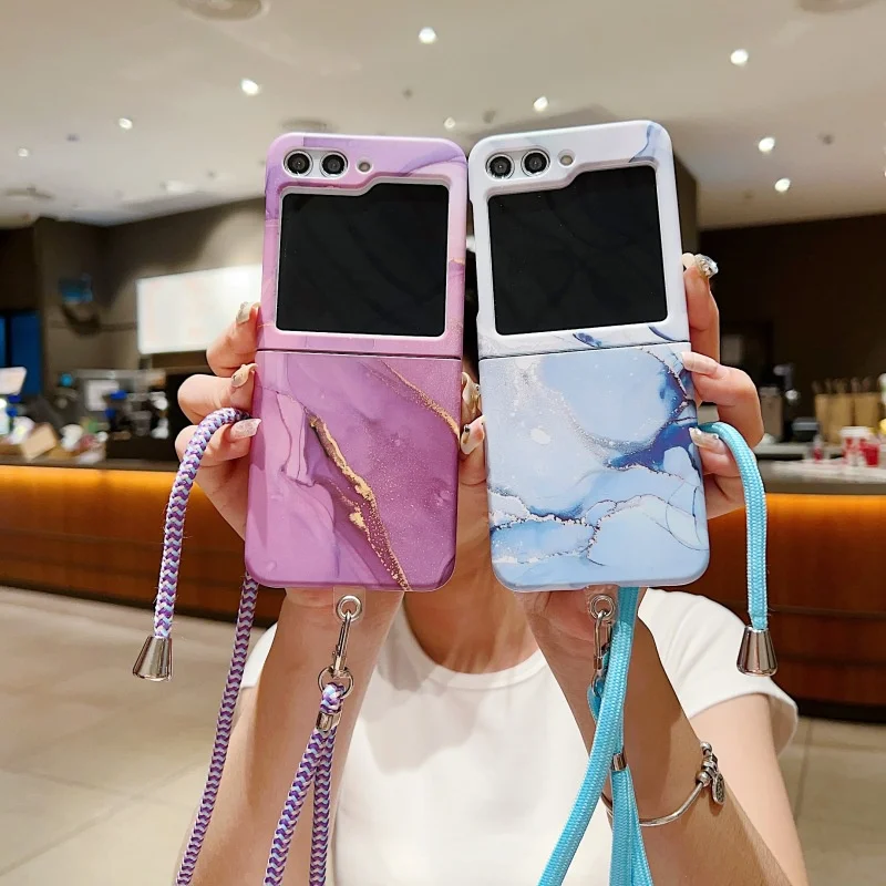 

For Samsung Z Flip5 Luxury Marble Patterned Hanging Phone Case With Ultra-thin Shock Protection Cover