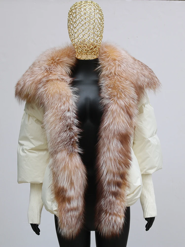2023 Natural Real Fox Fur Collar White Goose Down Jacket Winter Women Warm Loose Coat Duck Down Thick Luxury Outerwear New Fashi