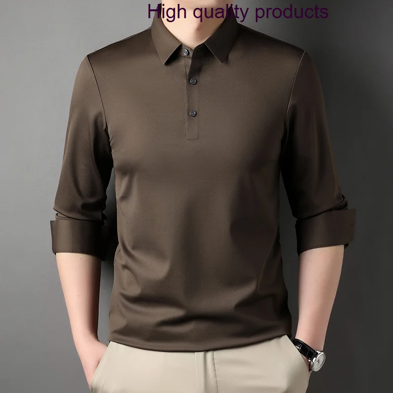 

Long Silk Sleeve Men's Polo Shirts Luxury Solid Color Business Casual T-shirts Autumn Winter Slim Golf Man Tees 3XL